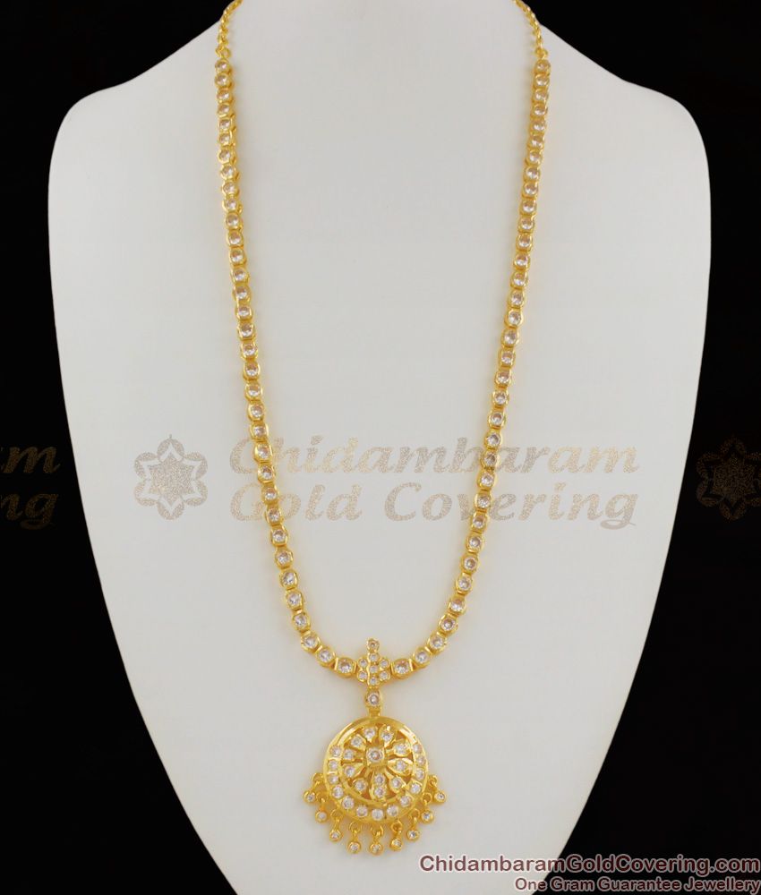 Full Gati White Stones Impon Gold Long Haram Model Necklace For Womens HR1167
