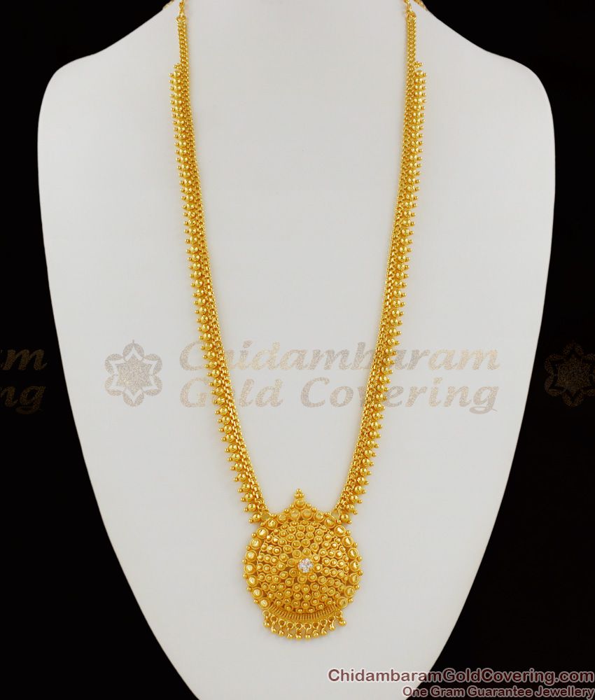 Long Kerala Mullaipoo Design Gold Imitation Haaram With White Stone HR1171