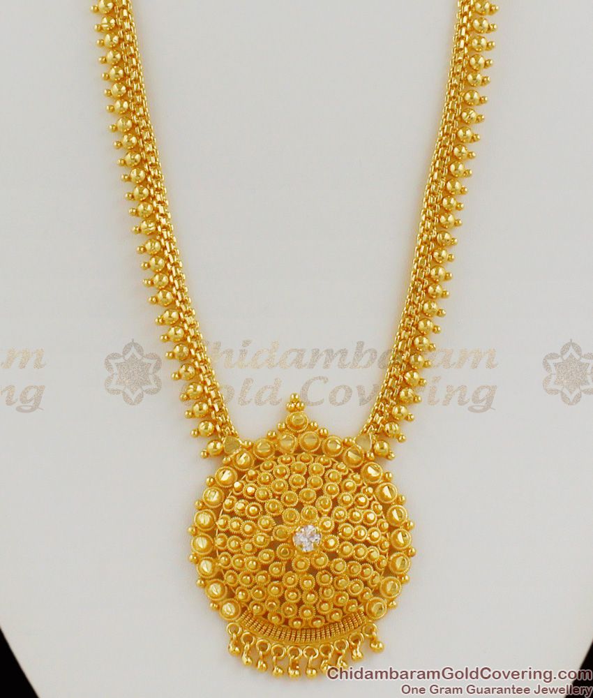 Long Kerala Mullaipoo Design Gold Imitation Haaram With White Stone HR1171