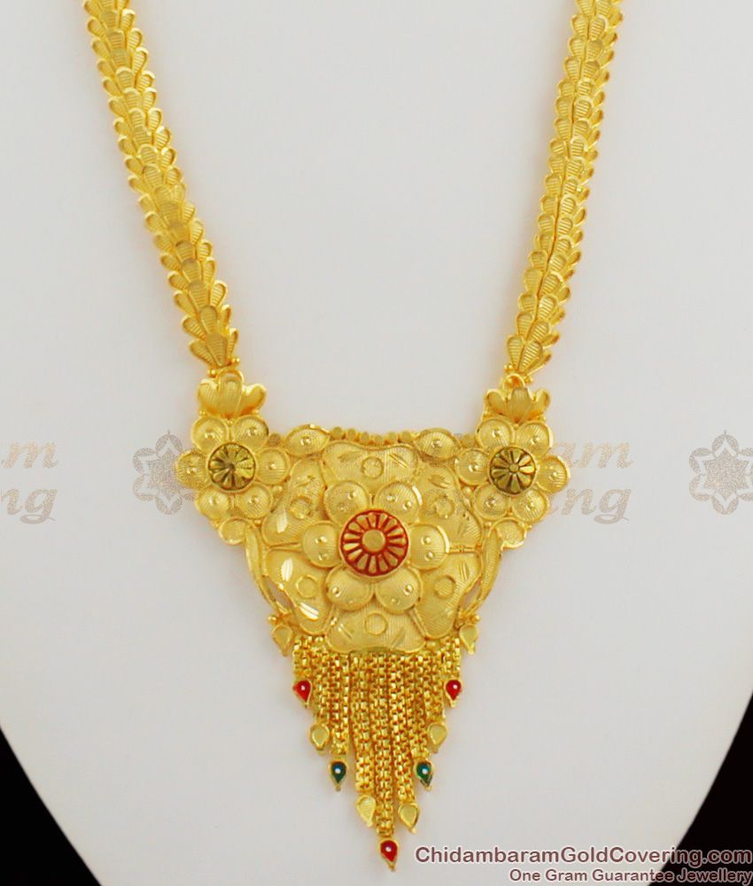 Real Gold Calcutta Design Enamel Forming Bridal Haram Jewelry With Earrings Combo Set HR1174