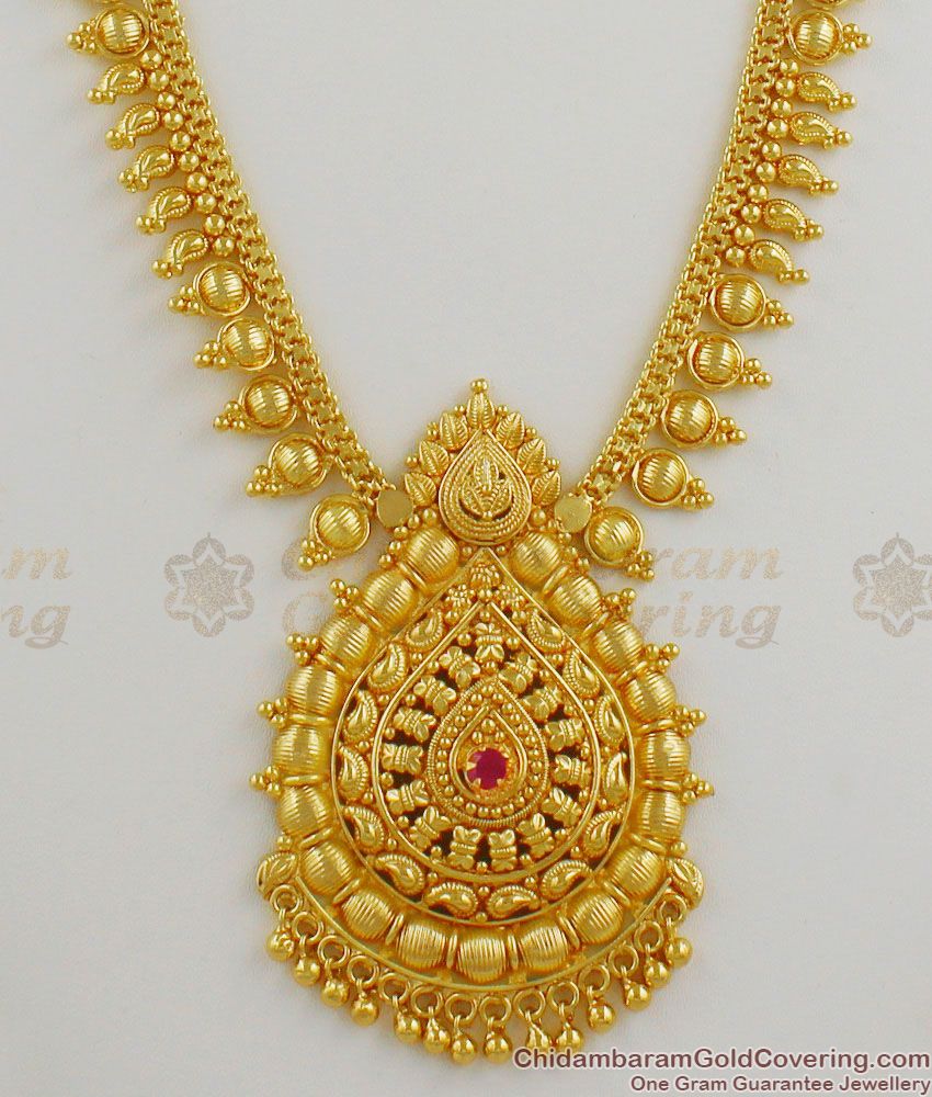 Pretty Ruby Stone Gold Imitation Dollar Chain Type Bridal Haram Ornament HR1189