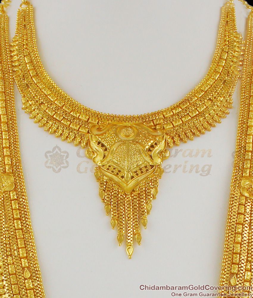 Trendy Calcutta Design Gold Forming Bridal Set Haram Necklace With Earrings HR1197