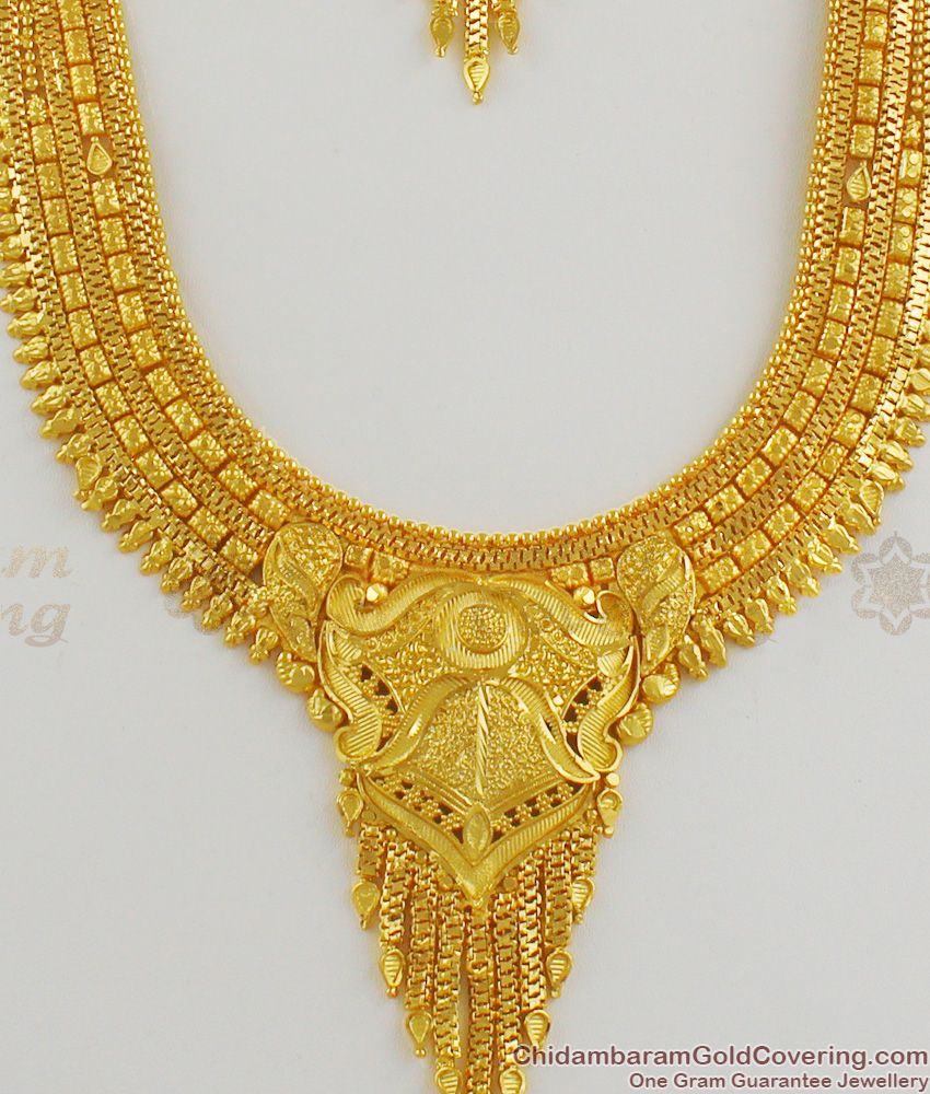 Trendy Calcutta Design Gold Forming Bridal Set Haram Necklace With Earrings HR1197