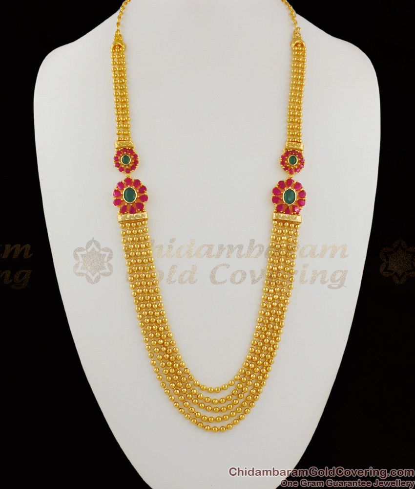 Double Sided Flower Design Gold Plated Ruby Emerald Stone Bridal Haaram HR1199