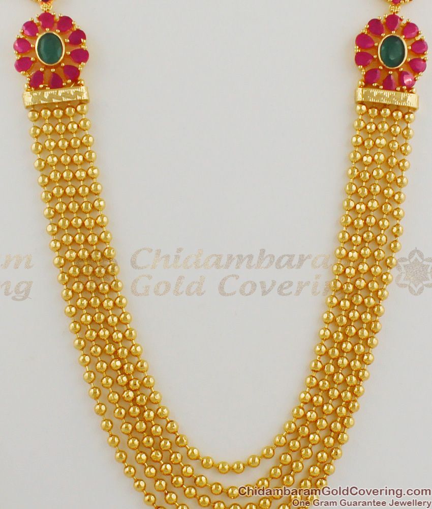 Double Sided Flower Design Gold Plated Ruby Emerald Stone Bridal Haaram HR1199