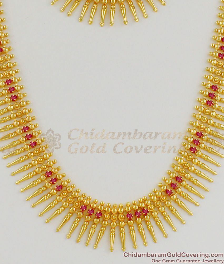 Traditional Mullaipoo Gold Plated Haram Necklace Combo Set With Ruby Stones HR1201