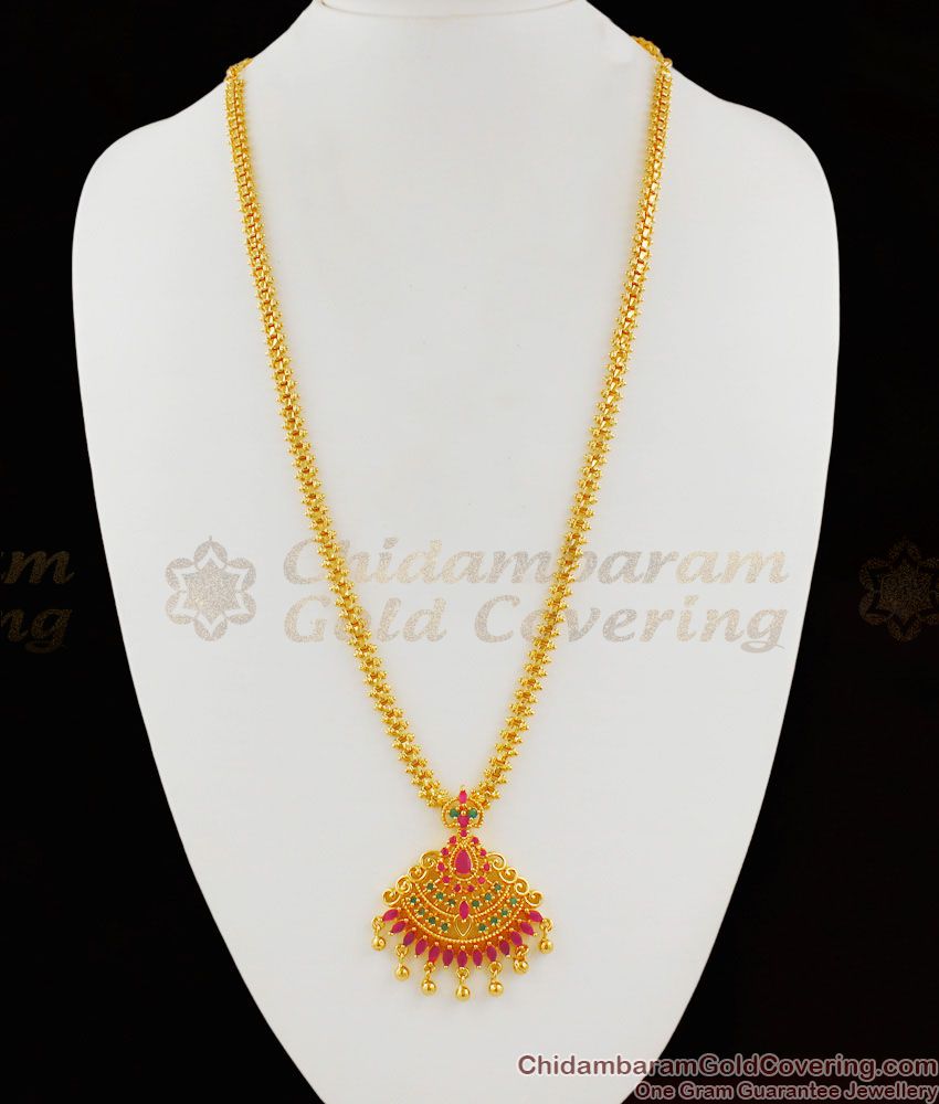High Gold Pattern Ruby Emerald Stone Work Long Haaram Dollar Chain Jewellery HR1214