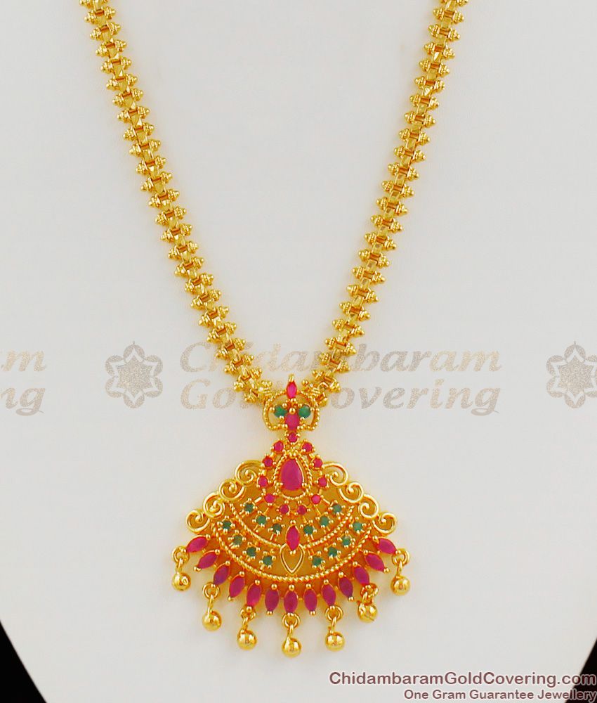 High Gold Pattern Ruby Emerald Stone Work Long Haaram Dollar Chain Jewellery HR1214