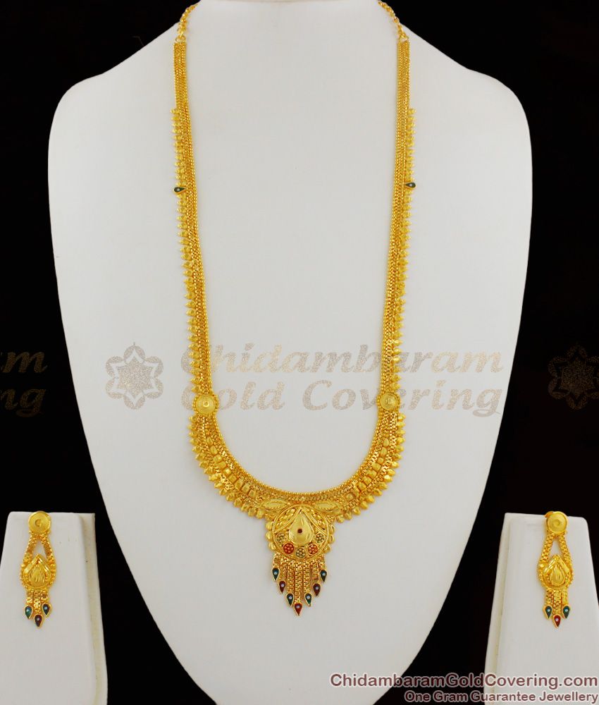 Long Bridal Combo Set Enamel Forming Gold Haaram Earrings Jewelry HR1220