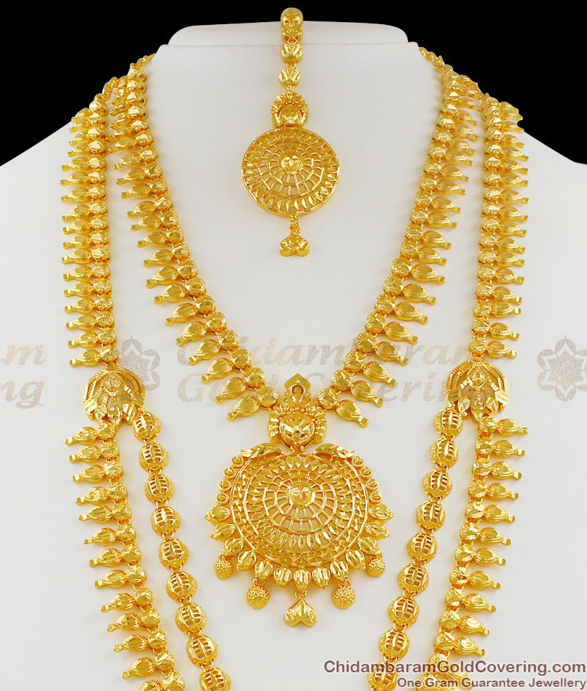 Amazing Grand Bridal Jewellery Set With Haram Necklace Earrings  And Nethichutti HR1244