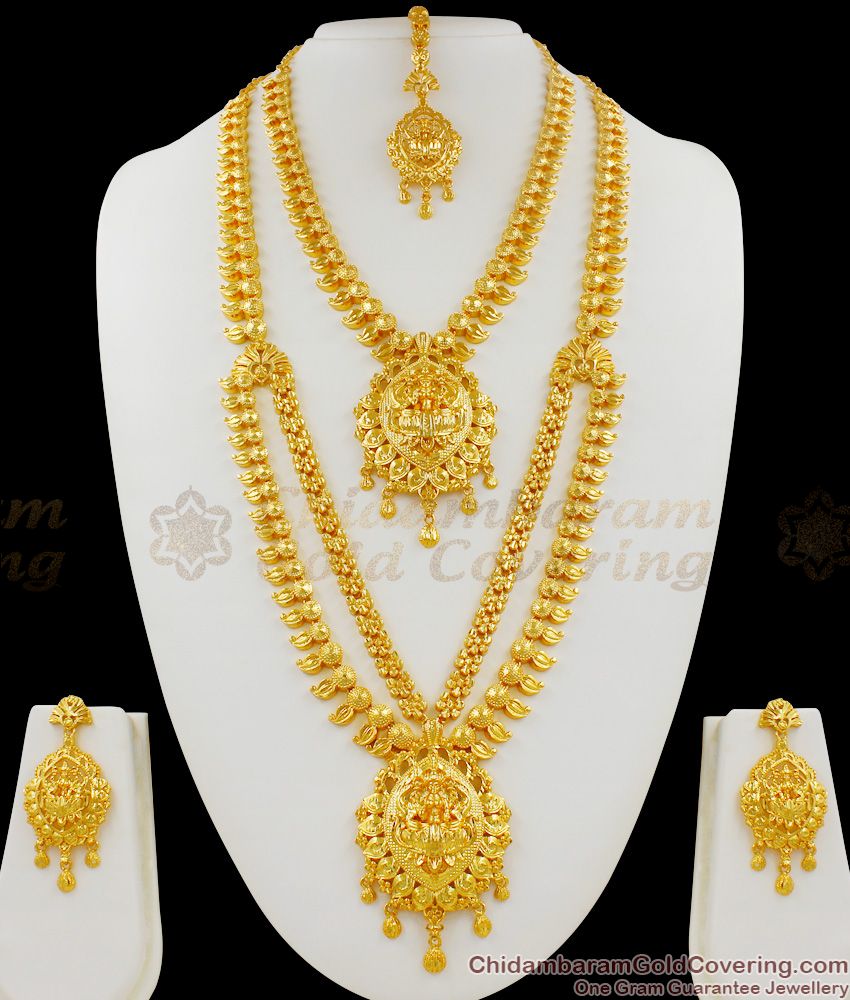 Lakshmi Mango Design Grand Gold Bridal Set Haram Necklace Earrings And Nethichutti Combo HR1245