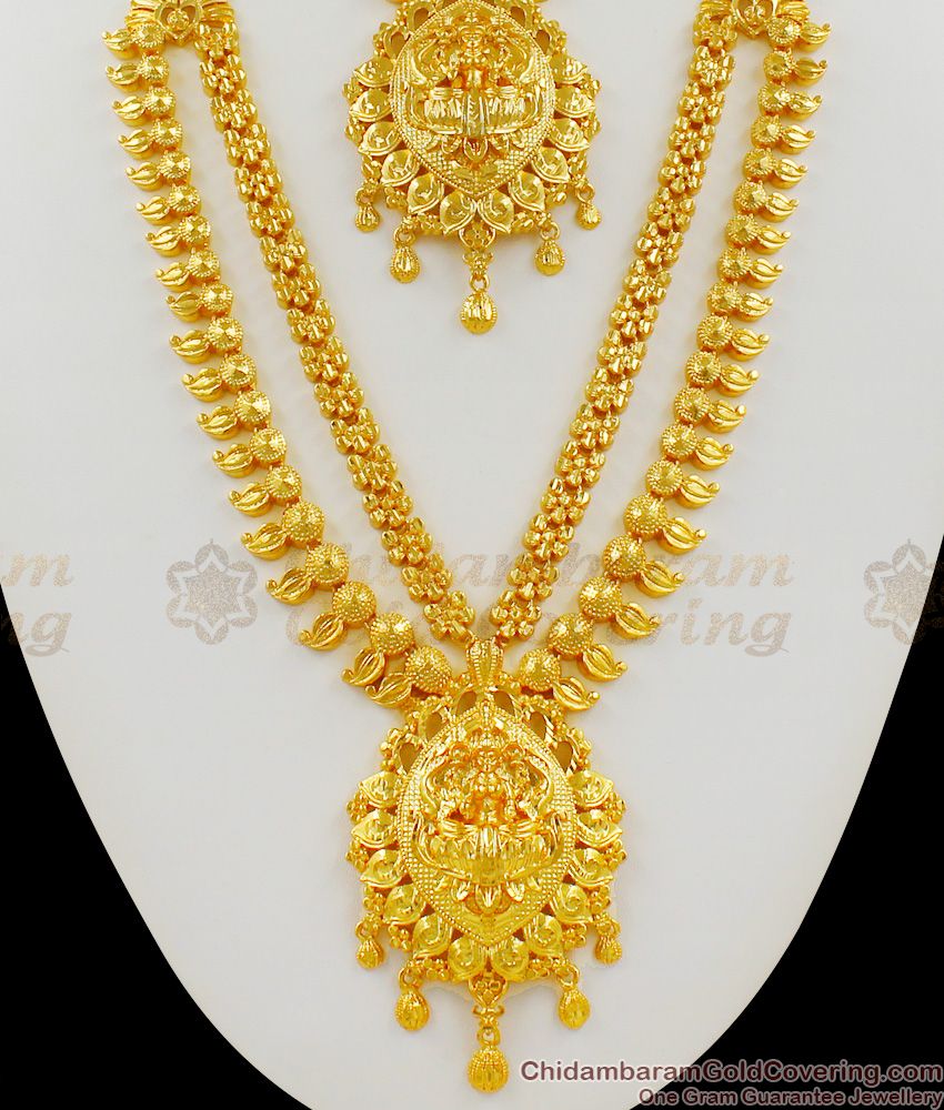 Lakshmi Mango Design Grand Gold Bridal Set Haram Necklace Earrings And Nethichutti Combo HR1245