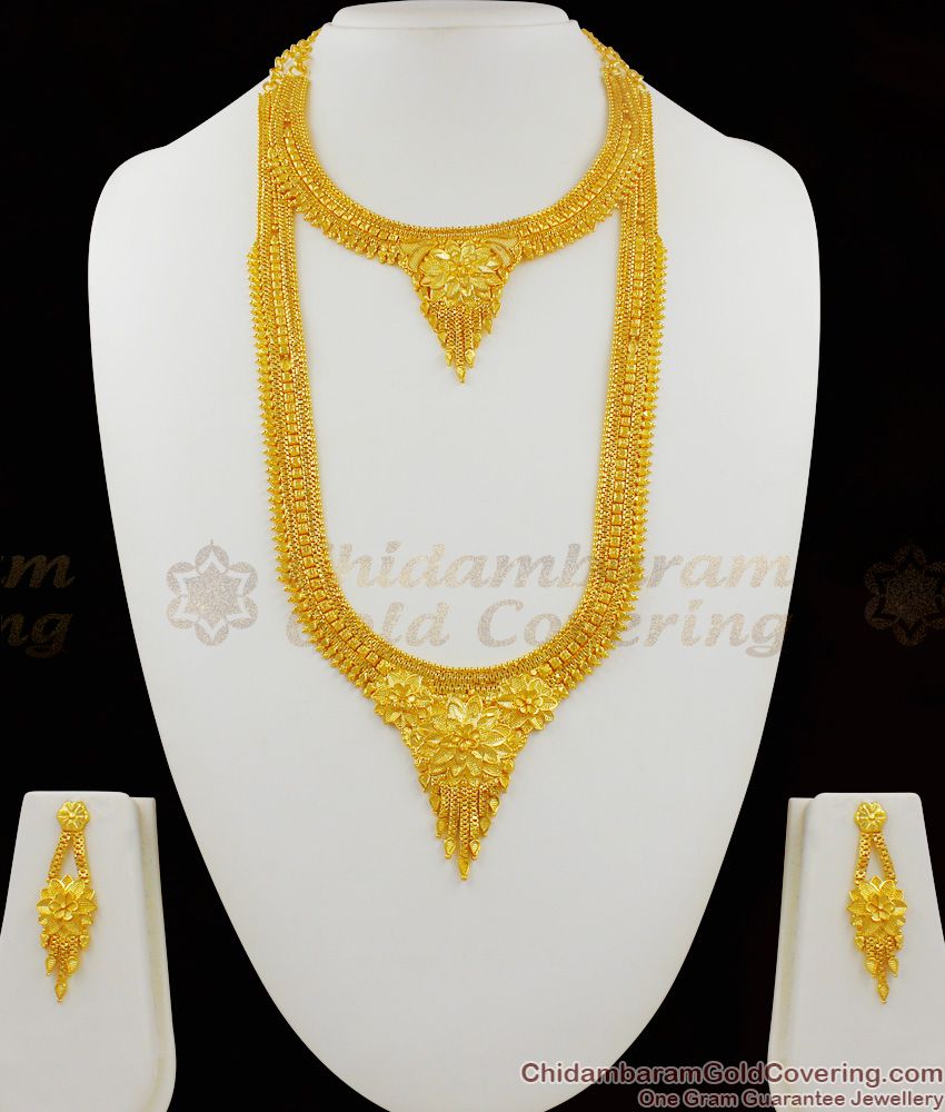 Flower Design Dollar Pure Gold Bridal Collection Haaram Necklace With Earrings Online HR1248
