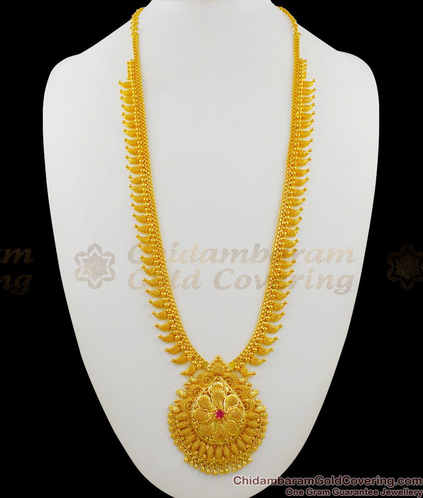 South Indian Traditional Gold Imitation Single Ruby Stone Haram With Beaded Dollar HR1261
