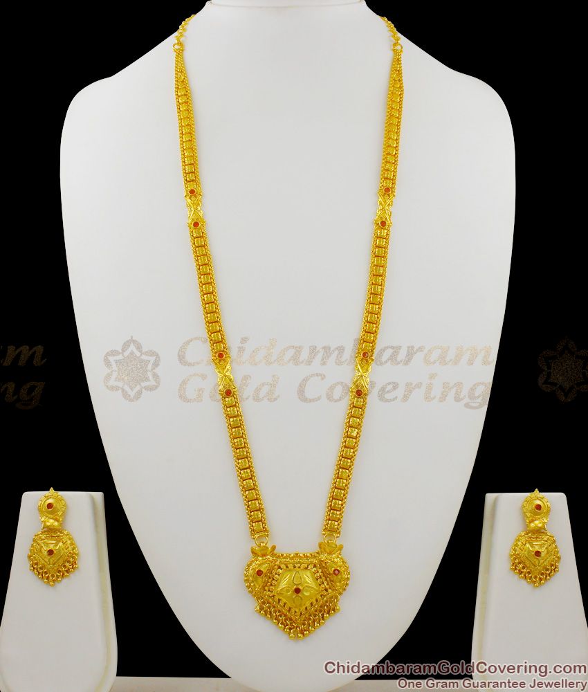 Red Stone Traditional Dollar Design Gold Forming Long Haaram And Earring Set HR1273