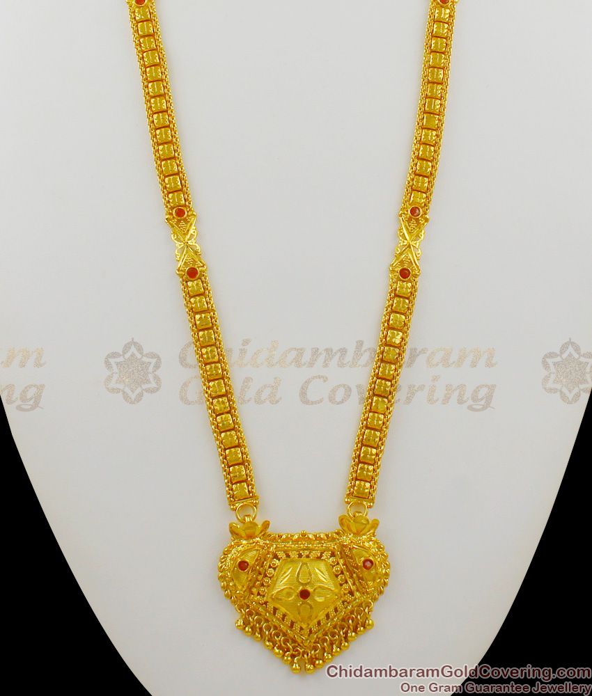 Red Stone Traditional Dollar Design Gold Forming Long Haaram And Earring Set HR1273