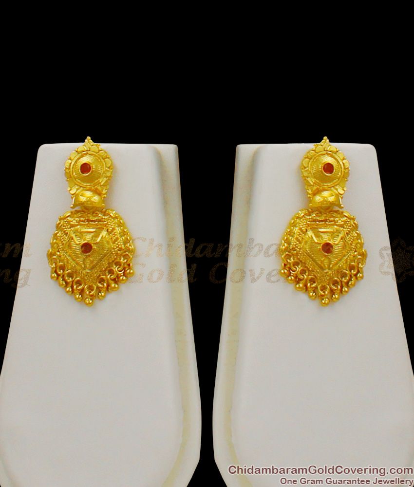 Red Stone Traditional Dollar Design Gold Forming Long Haaram And Earring Set HR1273