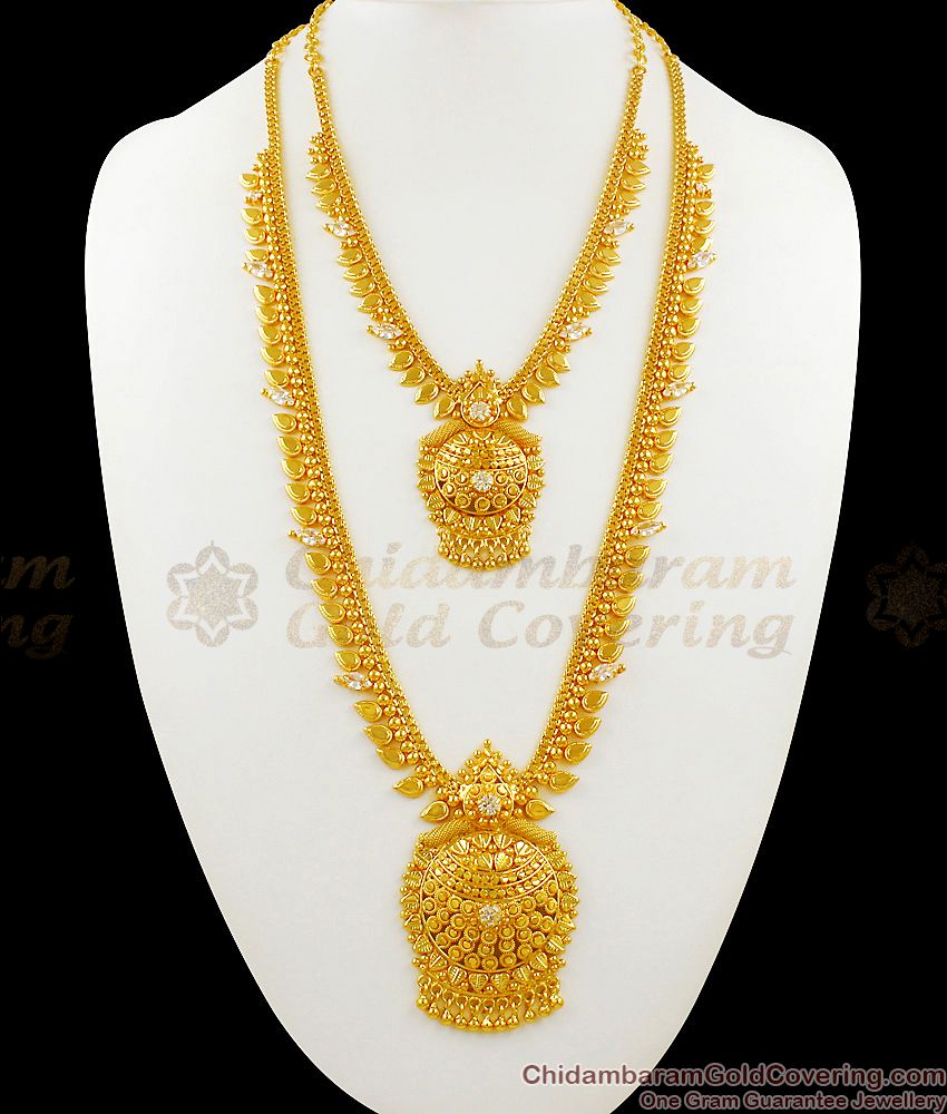 Real Leaf Pattern Gold Plated Haram Necklace With White Stones Kerala Models HR1278