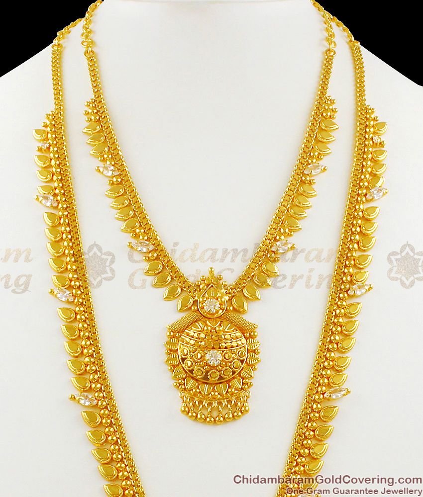 Real Leaf Pattern Gold Plated Haram Necklace With White Stones Kerala Models HR1278