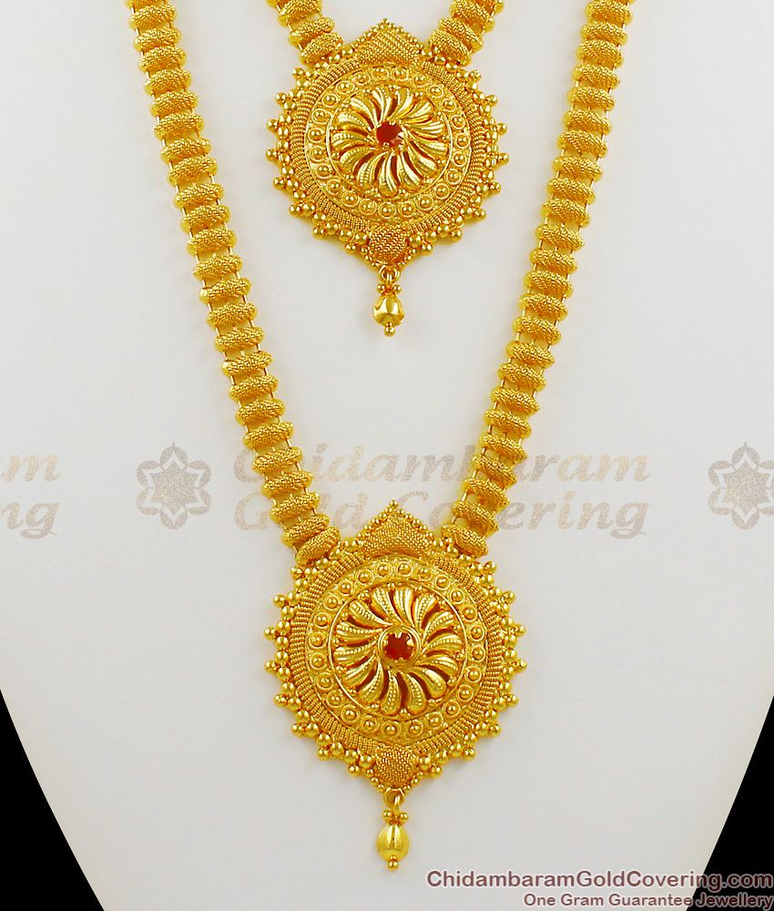 Elegant Model Single Ruby Stone Kerala Haram Necklace Bridal Set HR1279