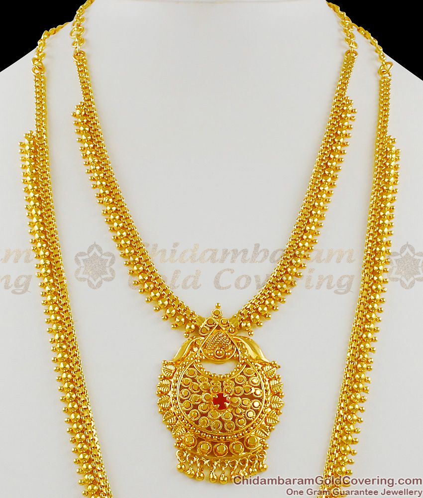 Traditional Gold Plated Single Red Stone Haaram Necklace Bridal Jewelry Set HR1281