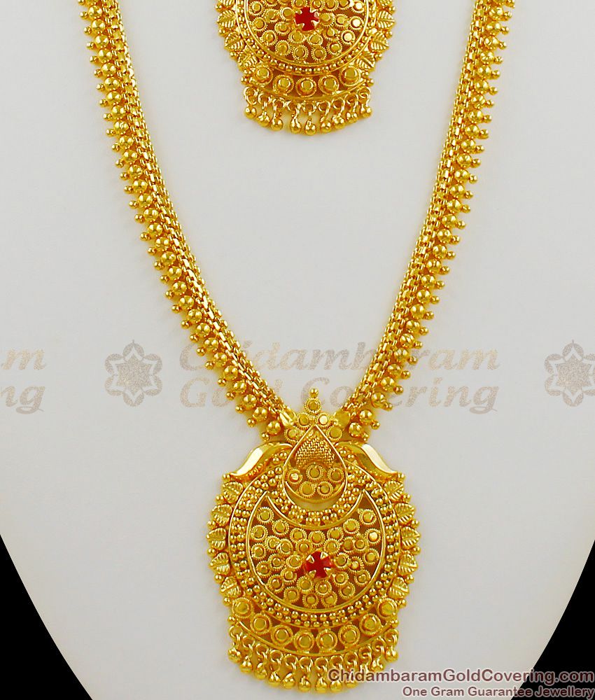 Traditional Gold Plated Single Red Stone Haaram Necklace Bridal Jewelry Set HR1281