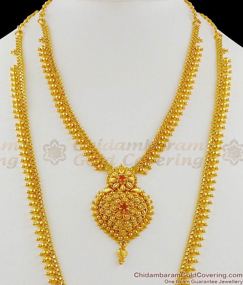 Fancy Heart Model With Red Stone Gold Plated Bridal Dollar Haram Necklace Bridal Wear HR1282