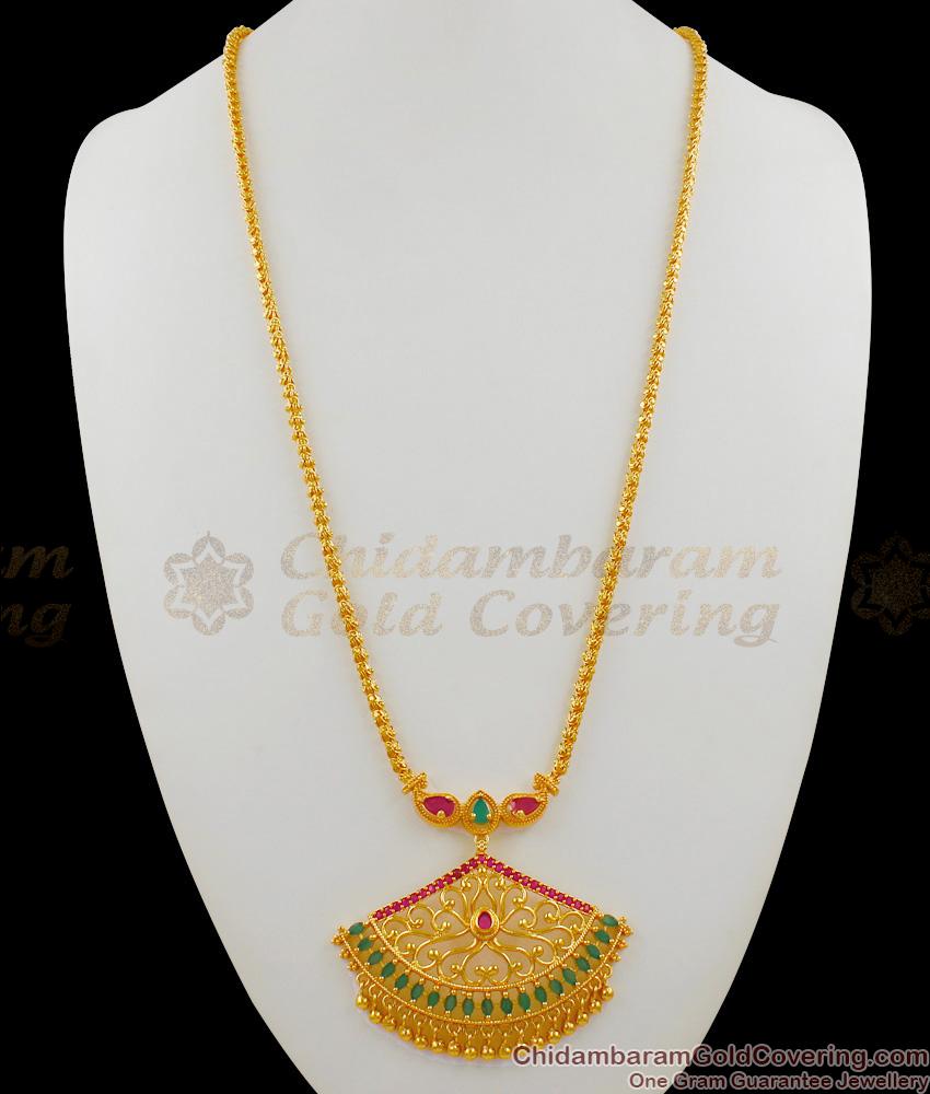 High Gold Pattern Ruby Emerald Stone Work Long Haaram Dollar Chain Jewellery HR1295 High Gold Pattern Ruby Emerald Stone Work Long Haaram Dollar Chain Jewellery HR1295