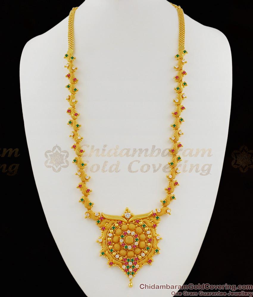 Attractive Multi Stone AD Diamond Net Pattern One Gram Gold Haram For Ladies HR1303