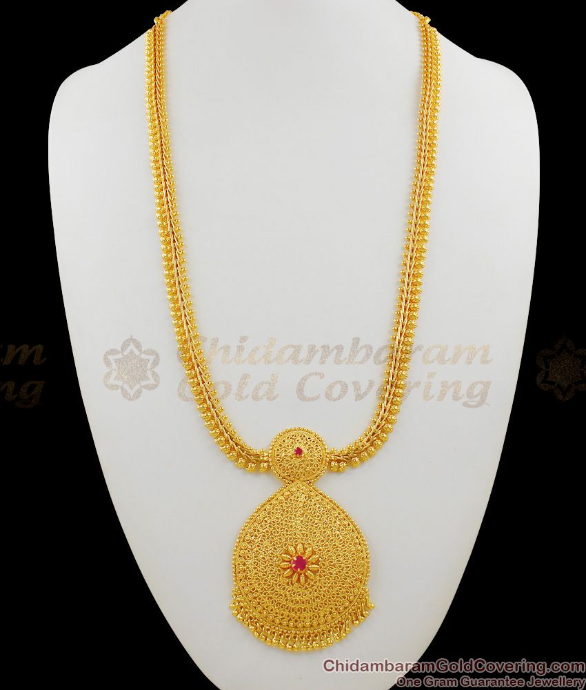 Fascinating Gold Finish Bridal Wear Luxury Haaram Jewelry For Brides Online HR1315