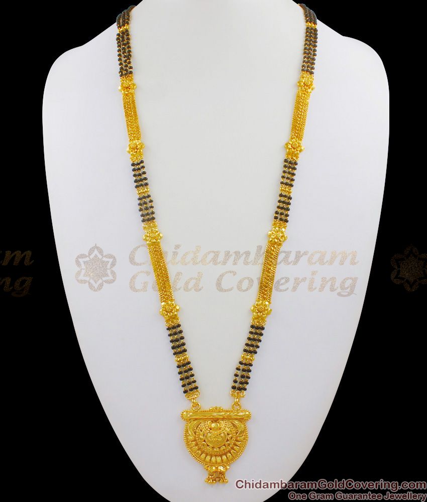 Forming Design Gold Plated Mangalsutra Black Beaded Long Thali Chain Design THAL83