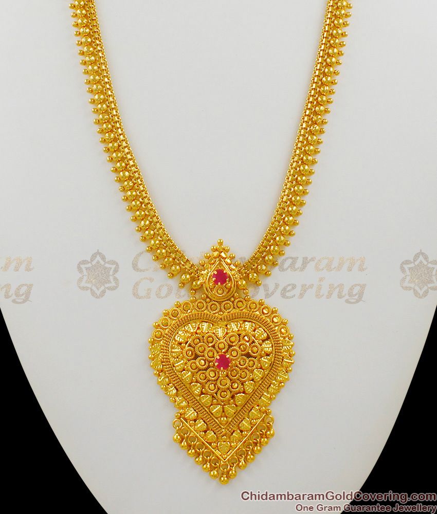 Kerala Gold Plated Heart Design Multi Color Stones Long Bridal Haaram Jewelry HR1335