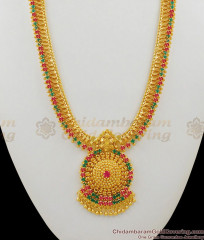 Mullai Pattern Ruby Emerald Stone Gold Haaram Bridal Jewelry HR1337 Mullai Pattern Ruby Emerald Stone Gold Haaram Bridal Jewelry HR1337