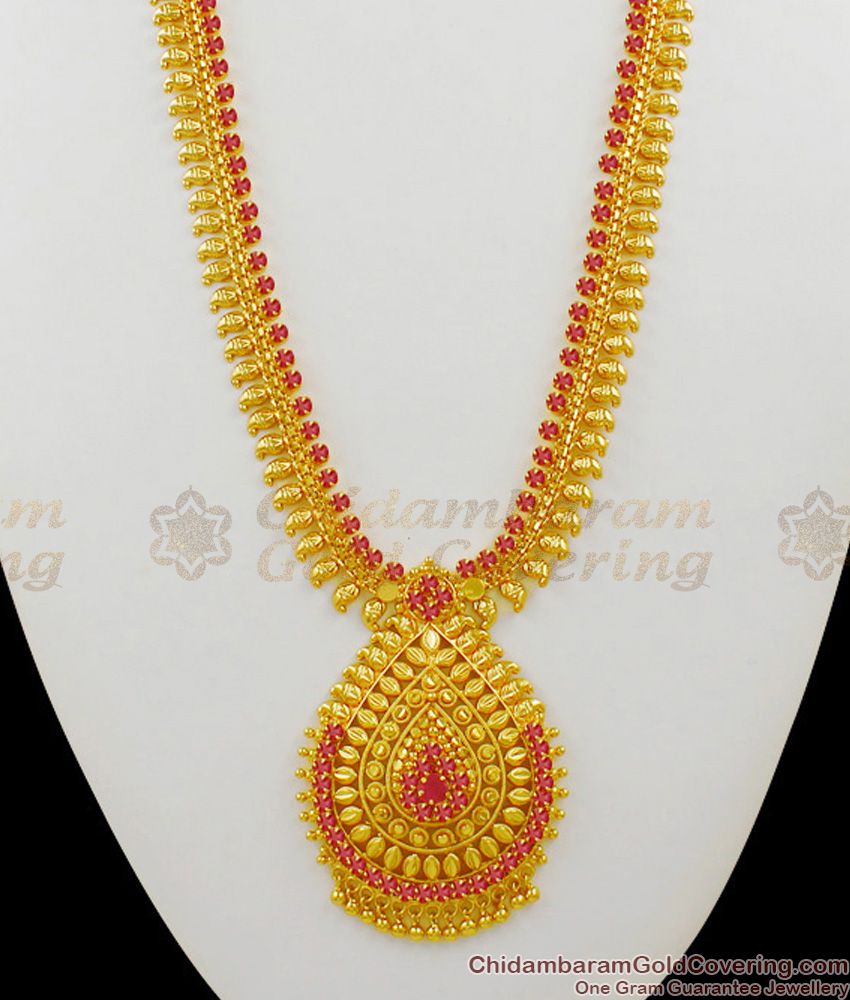 Mullai Full Ruby Stone Mango Design Gold Haaram Bridal Jewelry HR1338