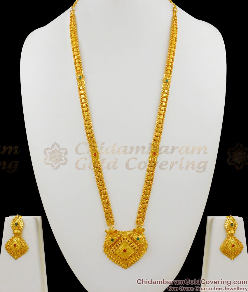 Multi Stone Traditional Dollar Real Gold Design Forming Long Haaram with Earring Set HR1348