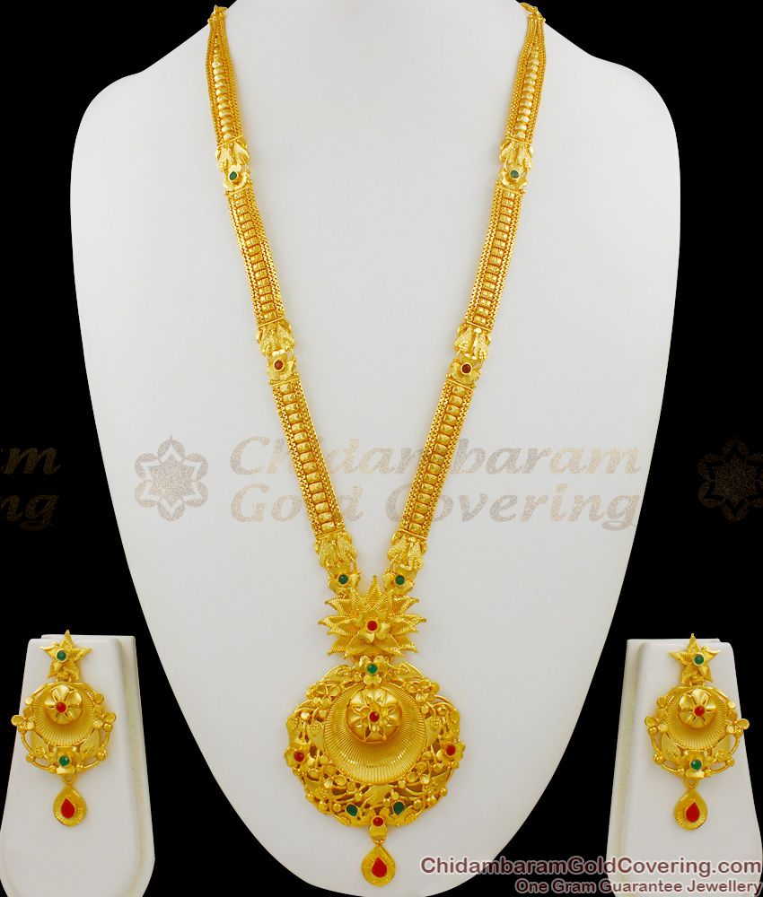 Grand Traditional Heavy Calcutta Design Gold Forming Bridal Haram With Earrings Set HR1352