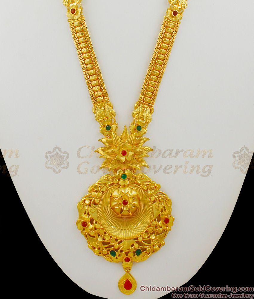 Grand Traditional Heavy Calcutta Design Gold Forming Bridal Haram With Earrings Set HR1352