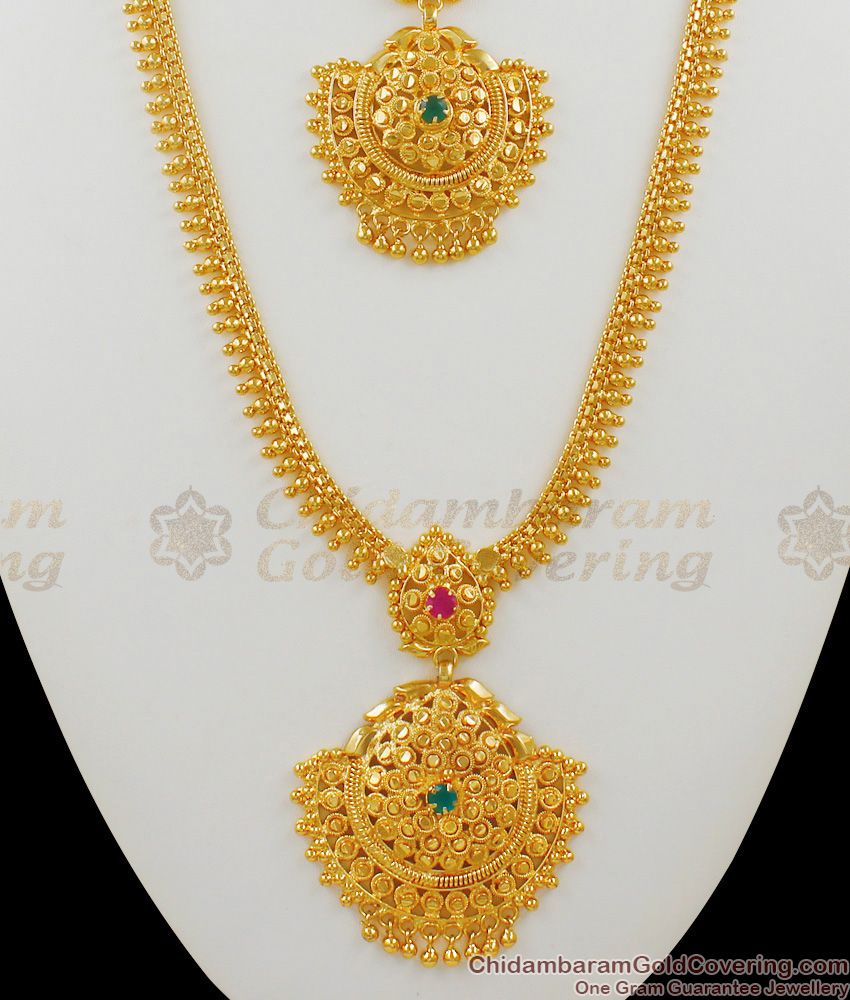 Ruby Emerald Stone Kerala Pattern Gold Imitation Haaram Necklace Jewellery HR1354