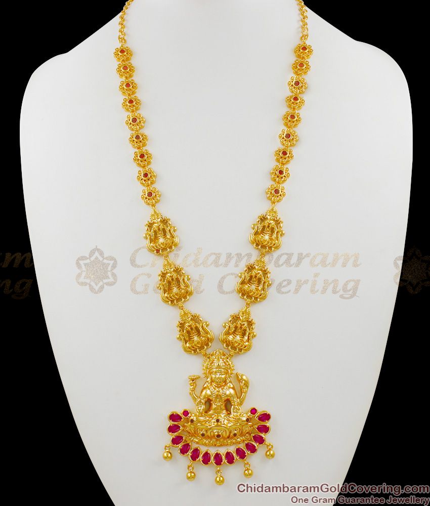 Traditional Full Ruby Stone Gold Lakshmi Dollar Long Haram Chain For Occasional Functions HR1359