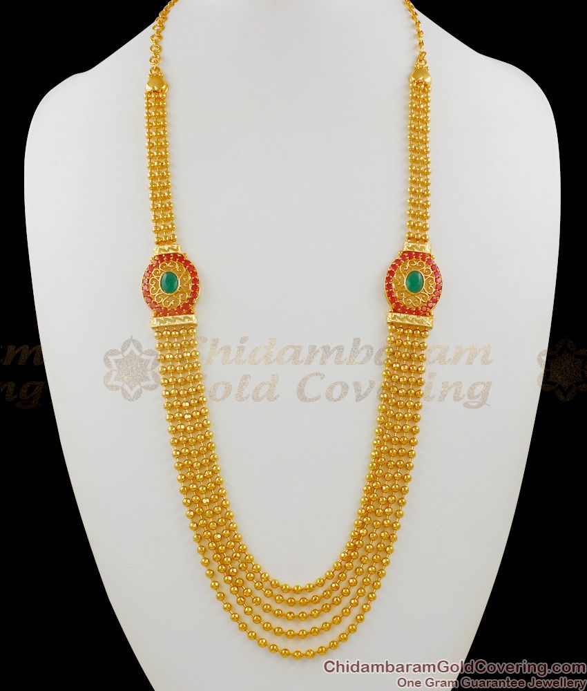 Bridal Gold Haaram Jewellery With Ruby Emerald Stone Five Line Chain Collection HR1361