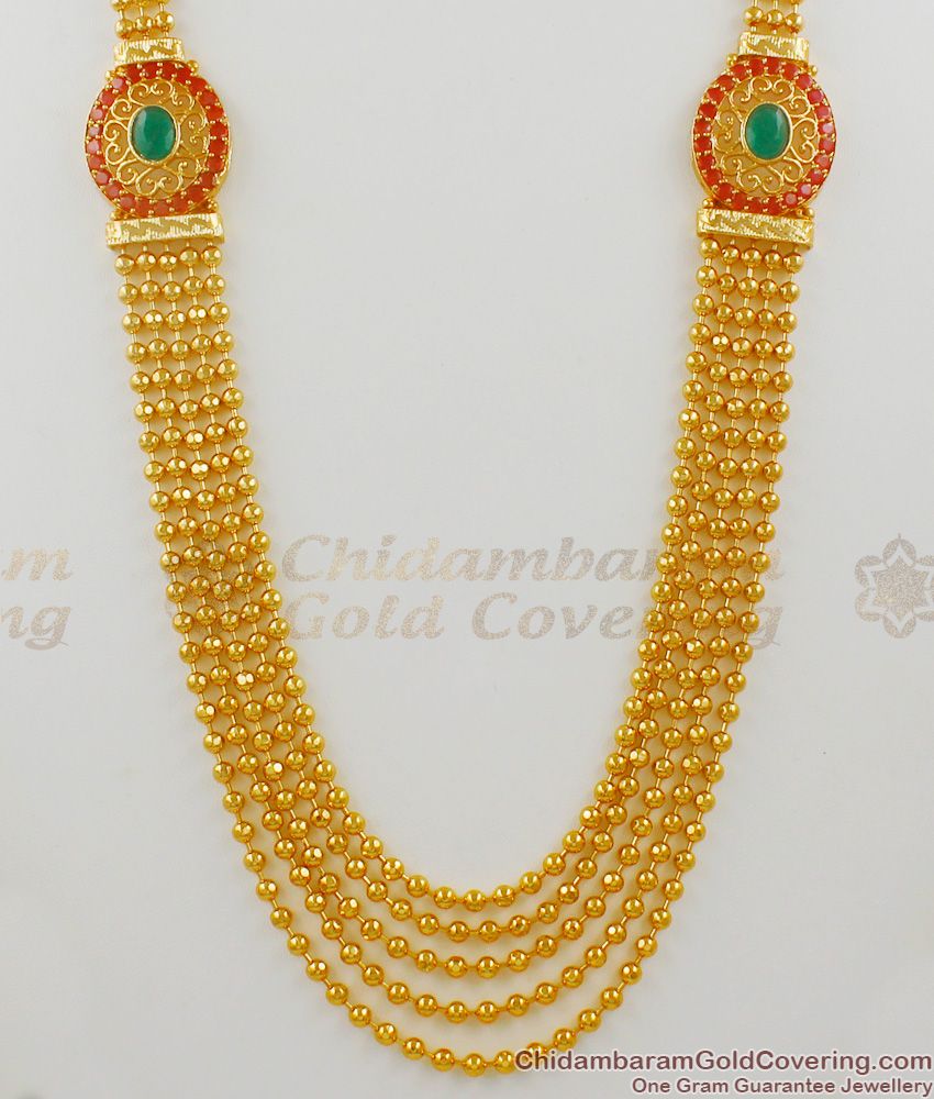 Bridal Gold Haaram Jewellery With Ruby Emerald Stone Five Line Chain Collection HR1361
