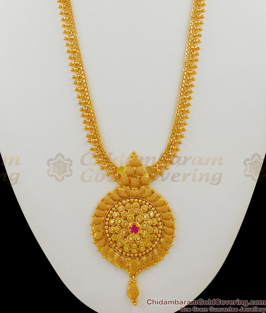 South Indian Traditional Gold Imitation Single Ruby Stone Haram With Beaded Dollar HR1364