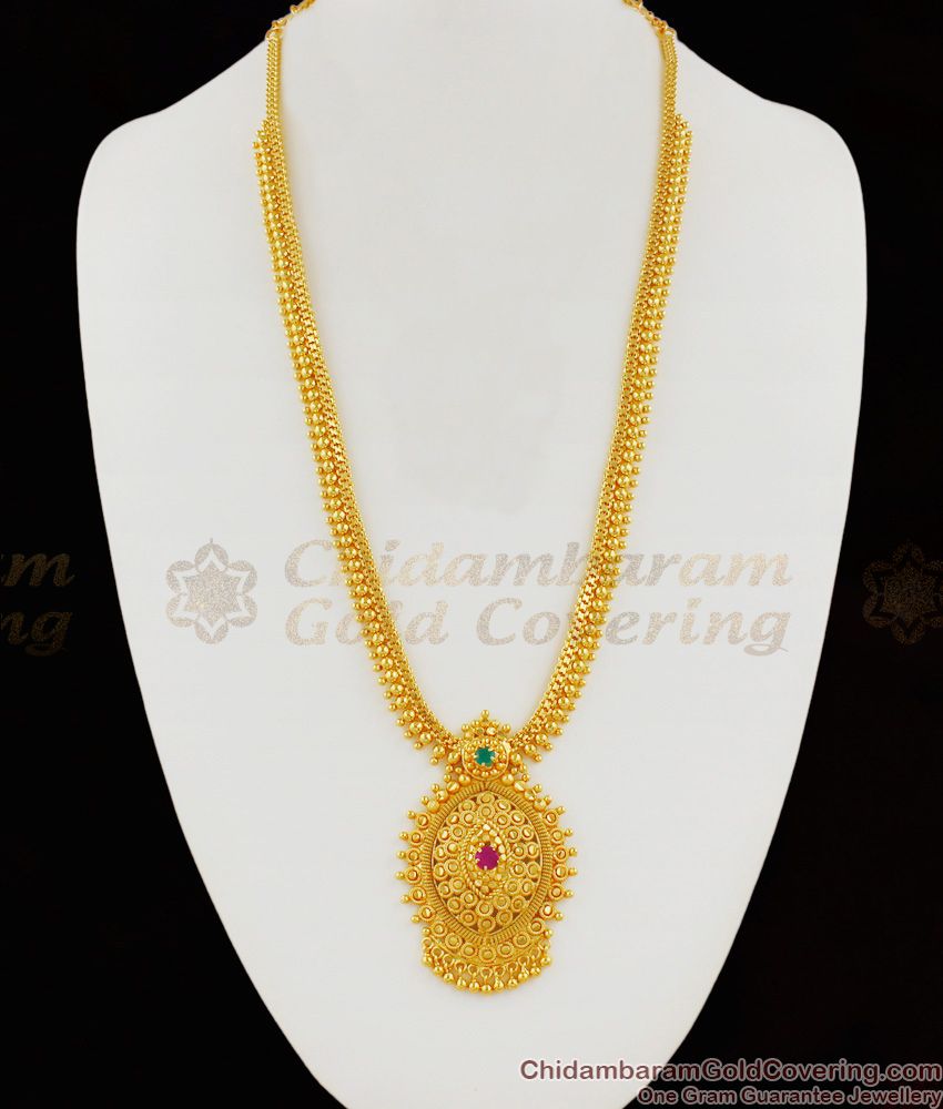 One Gram Gold Pattern Long Bridal Haaram Single Stone Jewellery Model HR1391