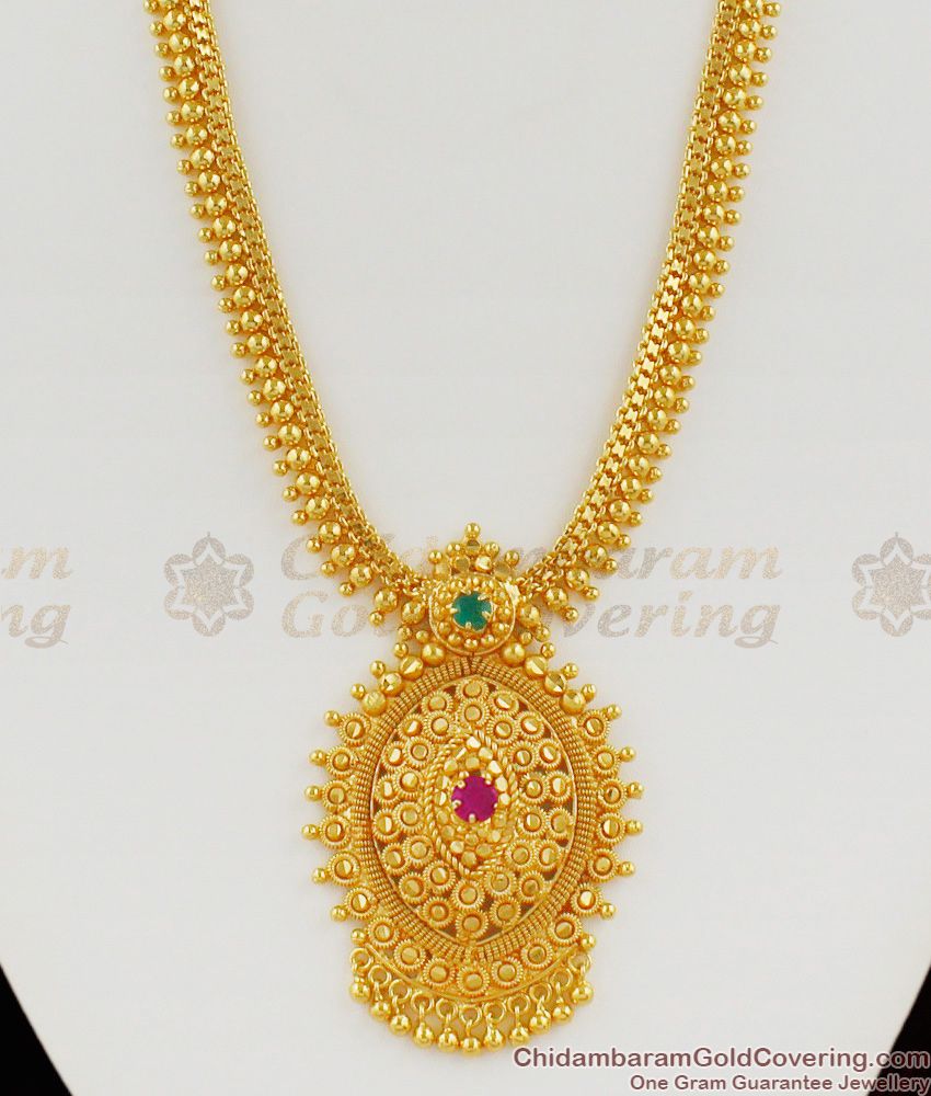 One Gram Gold Pattern Long Bridal Haaram Single Stone Jewellery Model HR1391