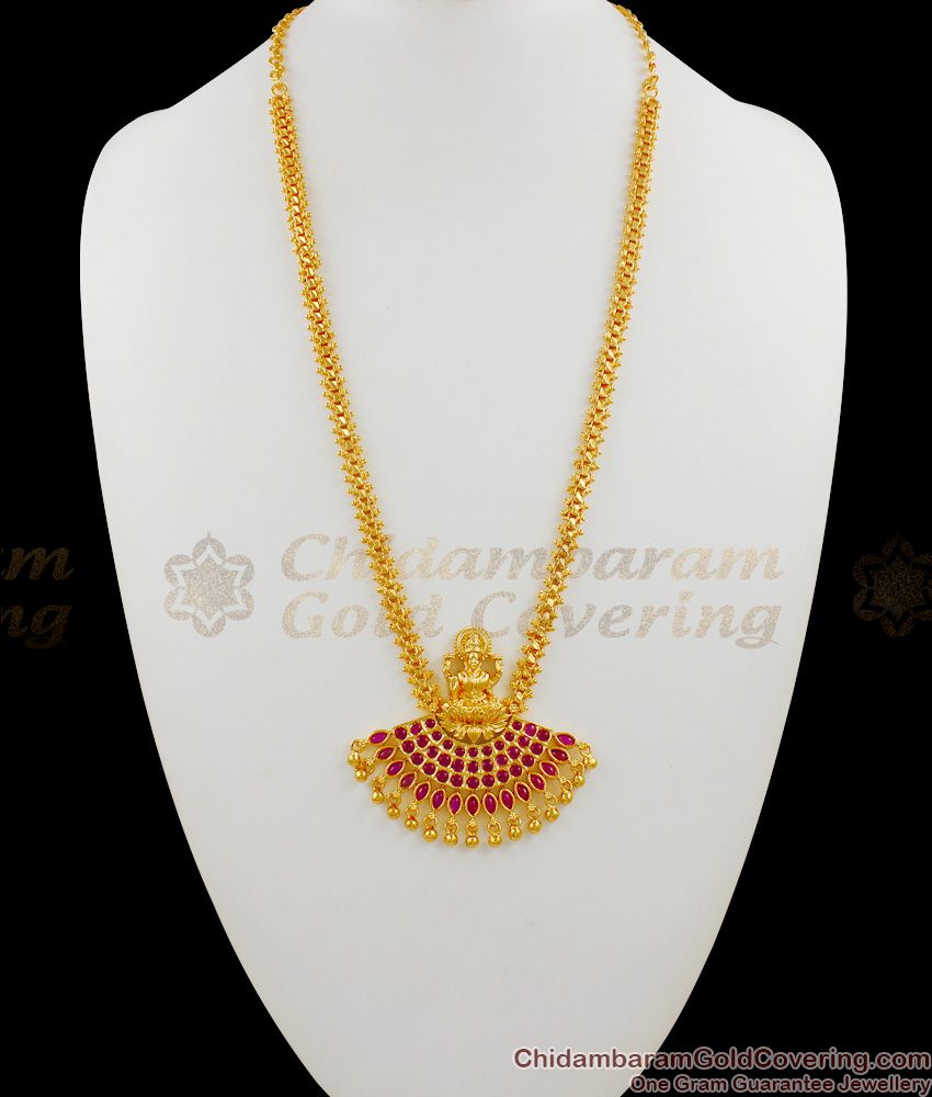 Full Ruby Stone Gold Lakshmi Dollar Secondary Haram Chain Matching Sarees HR1395