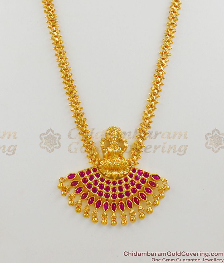 Full Ruby Stone Gold Lakshmi Dollar Secondary Haram Chain Matching Sarees HR1395