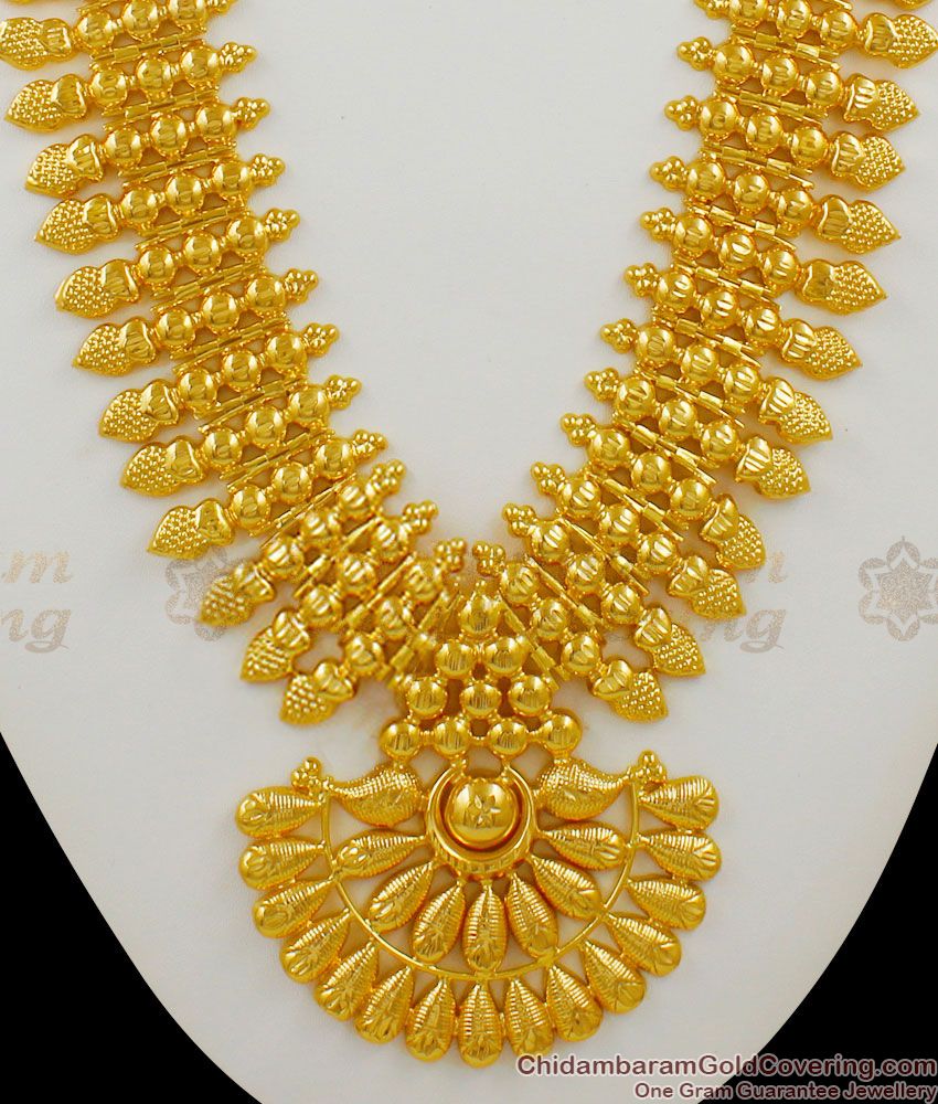 Glorious Mango Design Kerala Bridal Wear Three Line Heavy Gold Haram Malai HR1400