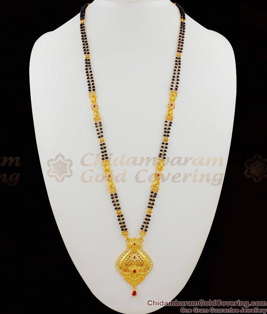 Forming Type Real Gold Designs Two Line Mangalsutra Black Beaded Long Thali Chain HR1406