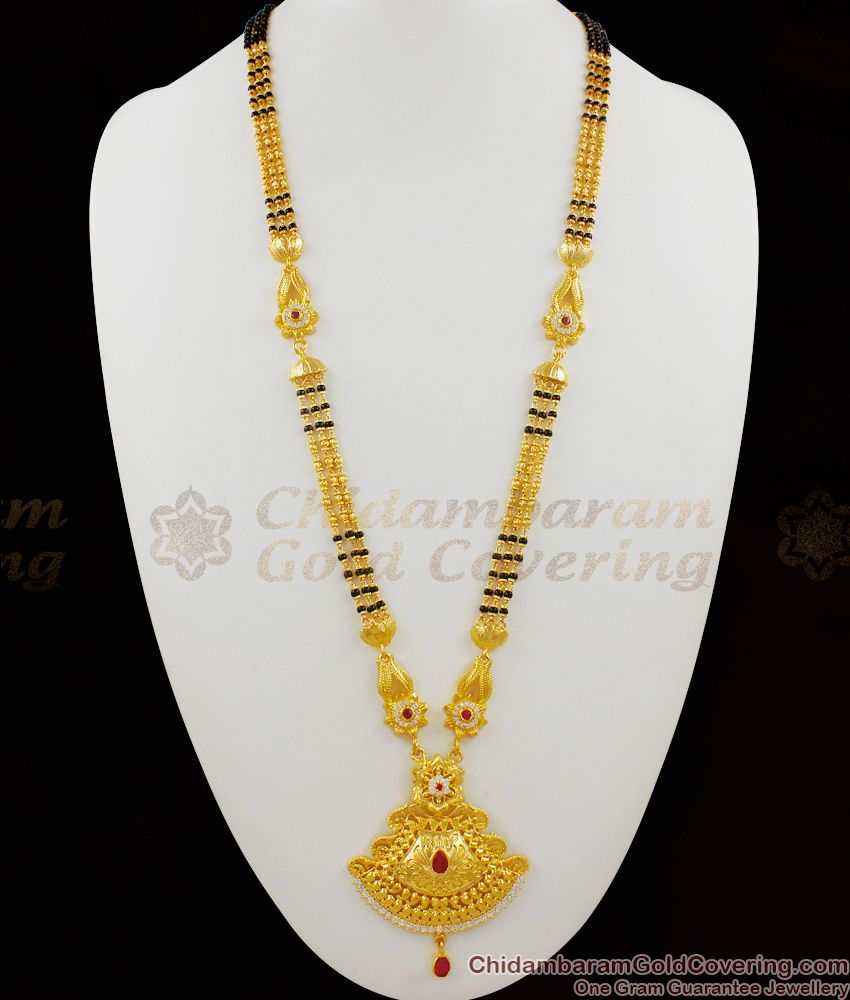 Forming Design Real Gold Tone Three Line Mangalsutra Black Beaded Long Thali Chain HR1407