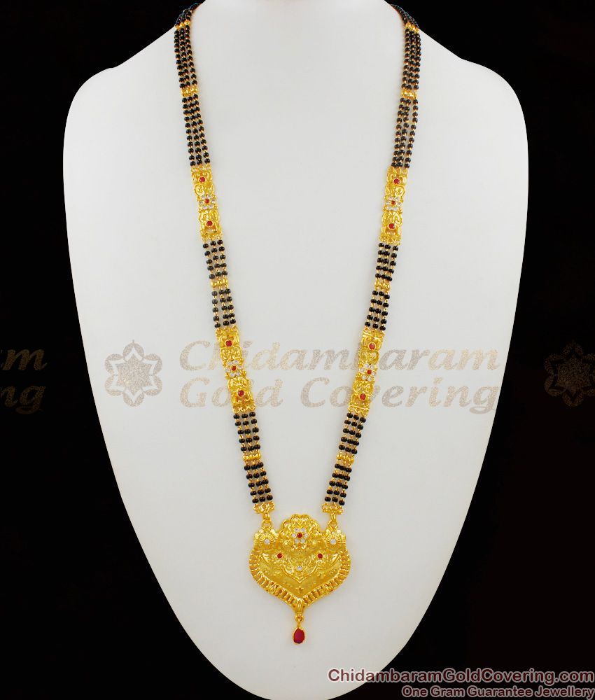 Forming Design Gold Plated Three Line Mangalsutra Black Beaded ...